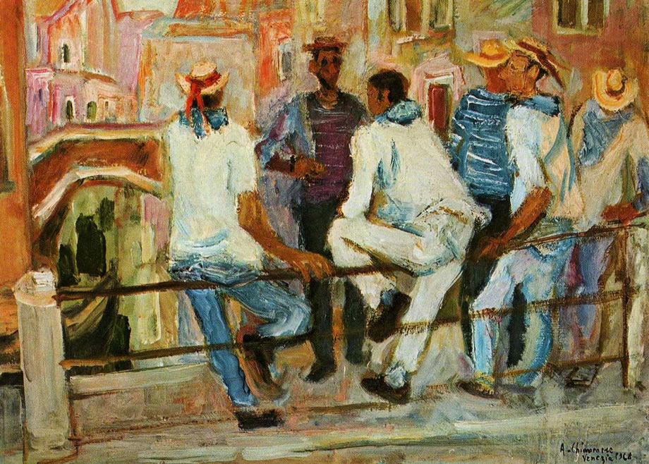 Gondolieri, 1968, olio su tela, cm 50x70, Napoli, collezione Spena